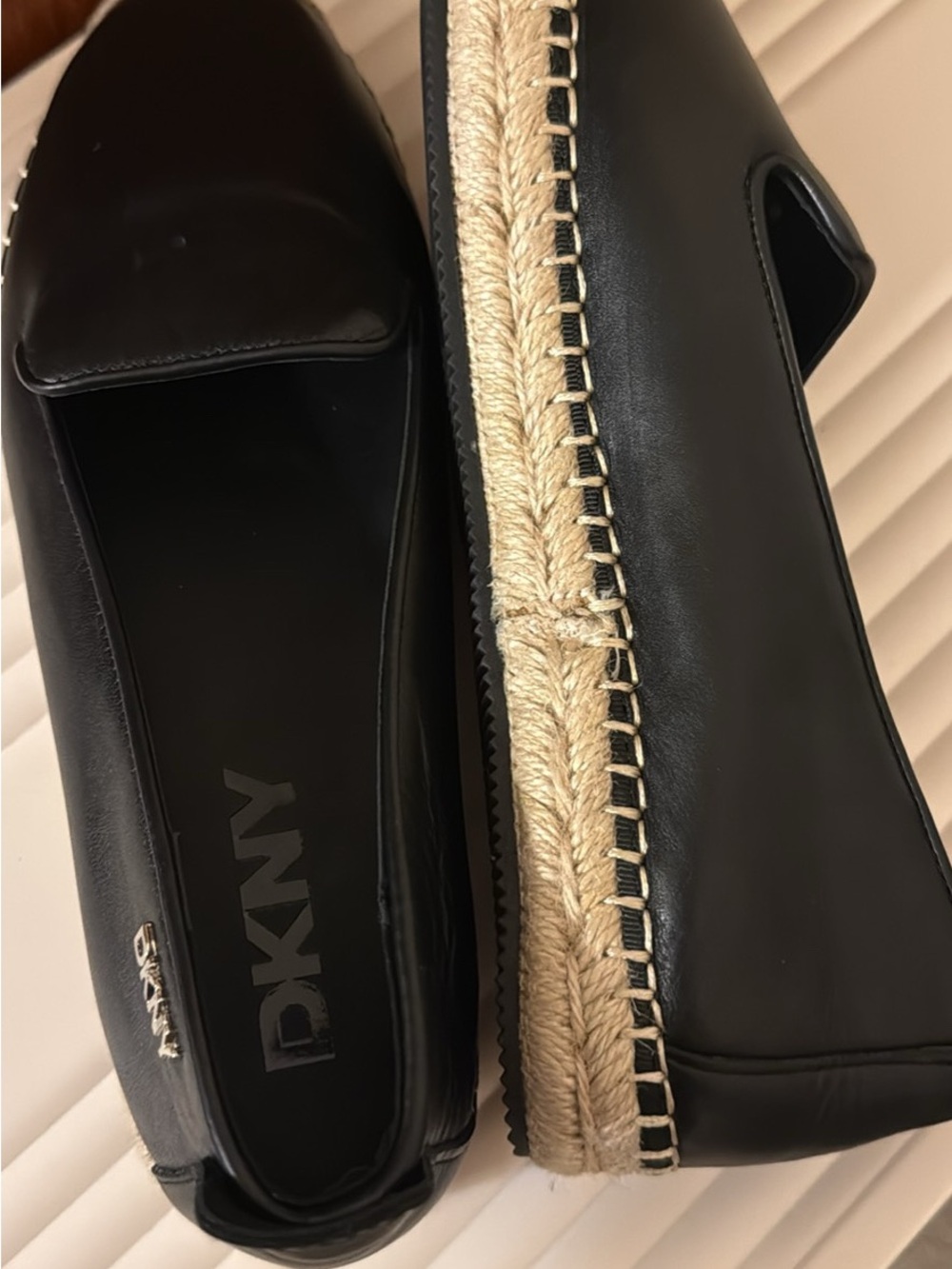 DKNY Black Leather Espadrille-Style Loafers with Natural Rope Trim
